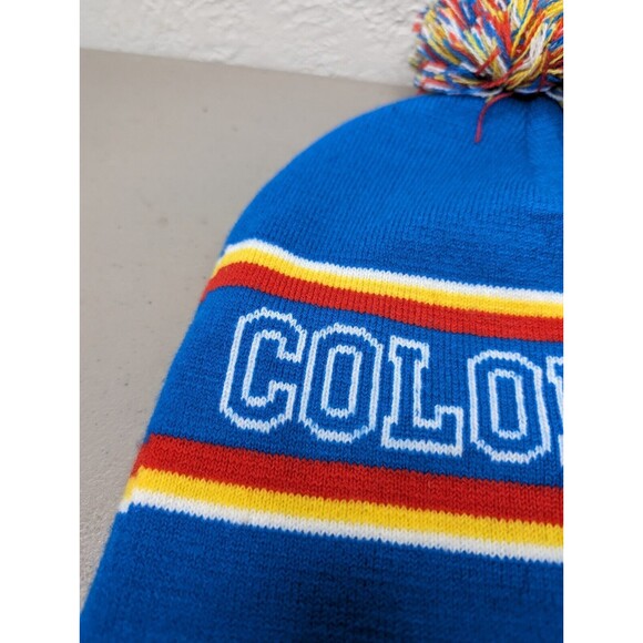 COLORADO Beanie, Knit Hat, Multicolor Puff, Blue, Red/White/Yellow Stripes - Picture 2 of 7